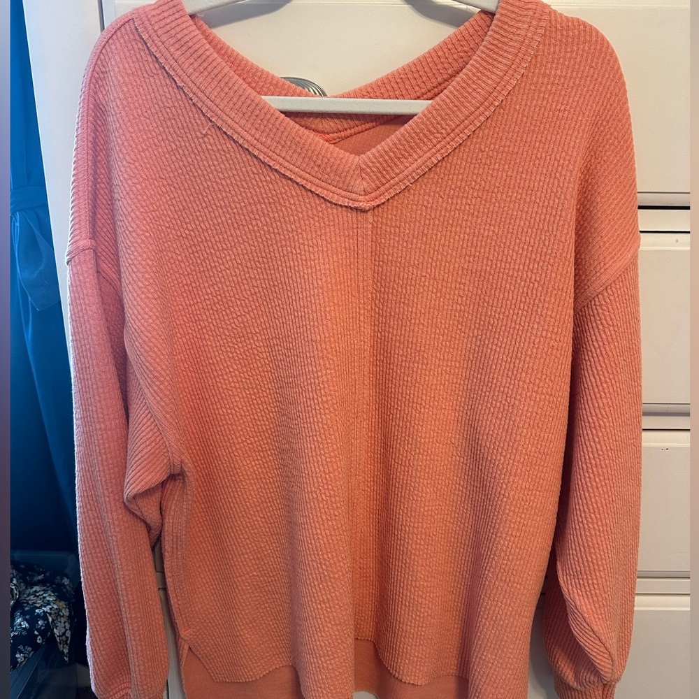 Aerie Coral V-Neck Sweater Soft Knit
